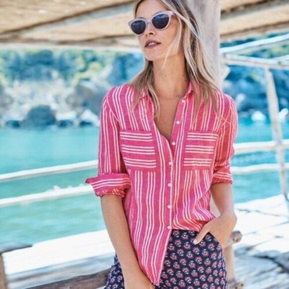 Boden Tops - Boden Striped Linen Button Front Shirt Pink White Women's Size 12L 12 H12369